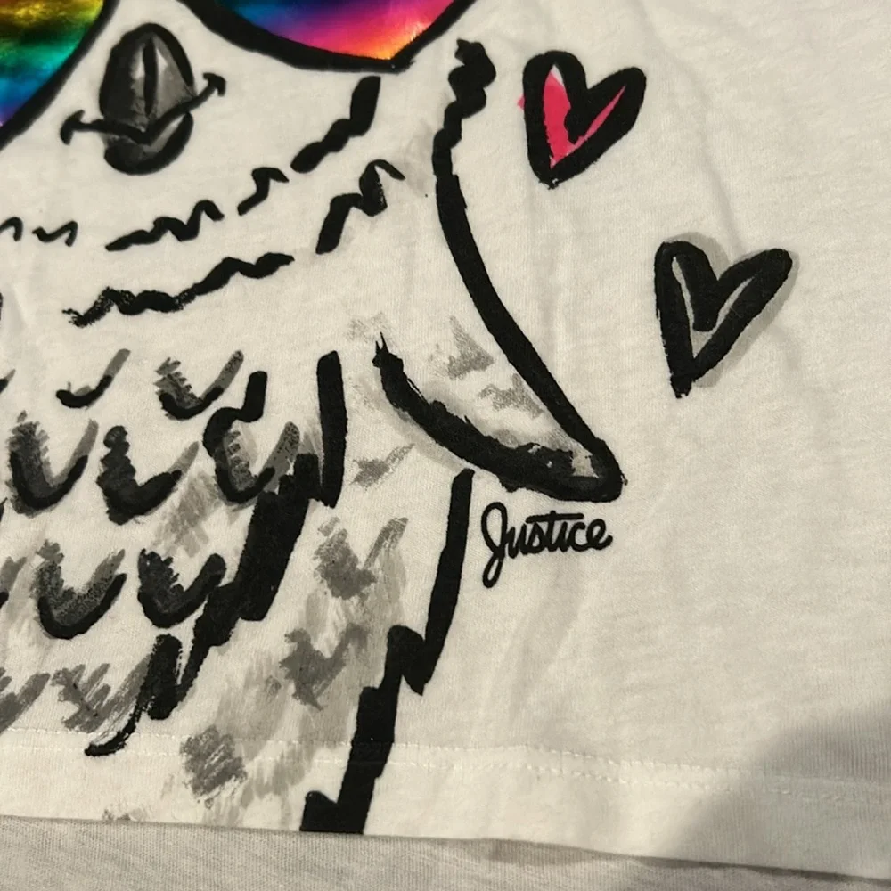 NWT Justice White Cropped Owl Heart Rainbow Glasses Size 18